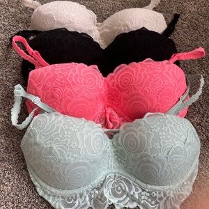 Victoria's Secret Lace Bra Collection - Black, White, Pink, Mint size medium.